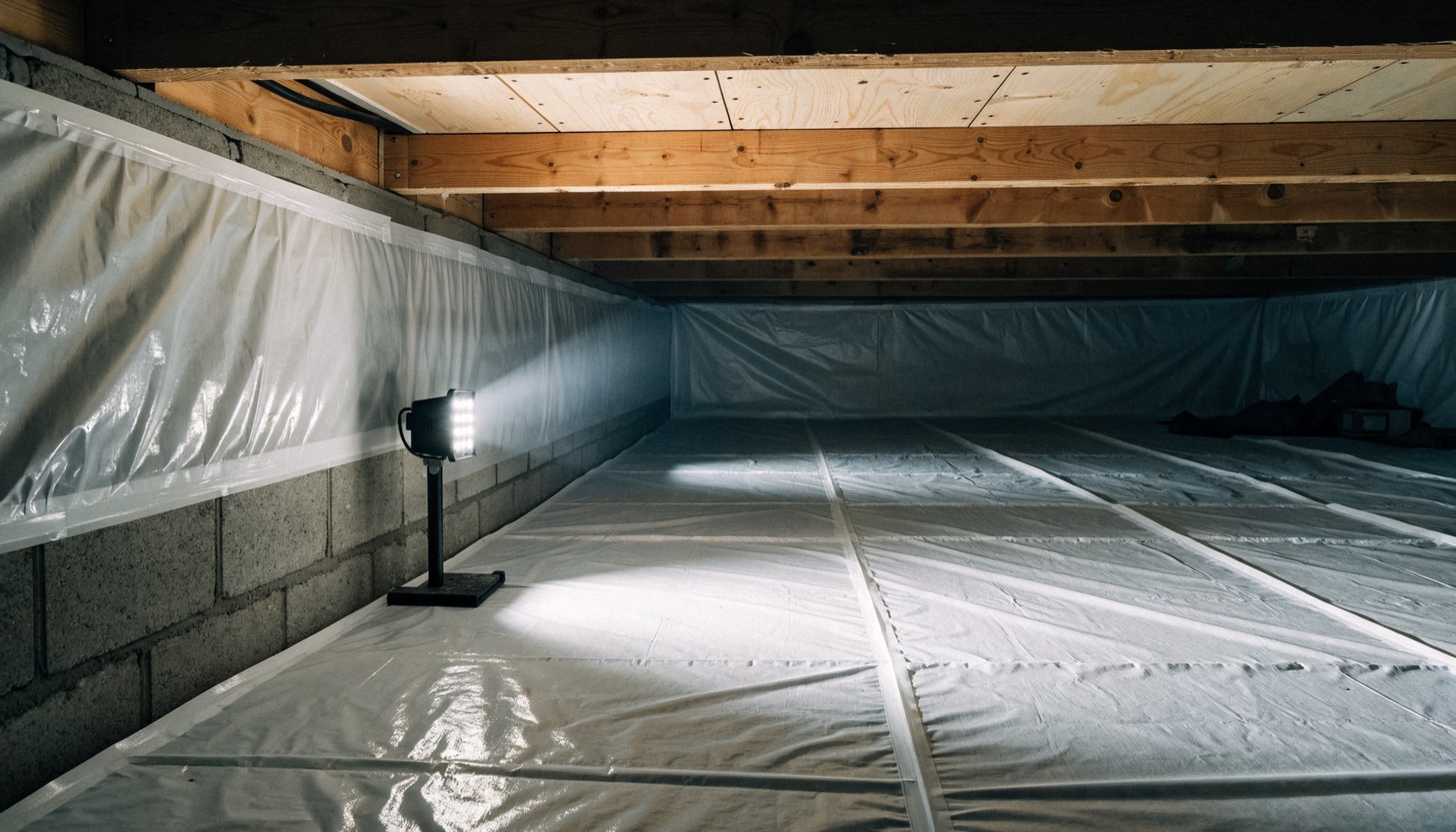 The sealed interior of an encapsulated residential crawl space in Middle Tennessee, with a heavy white liner running across the ground and up the block foundation walls